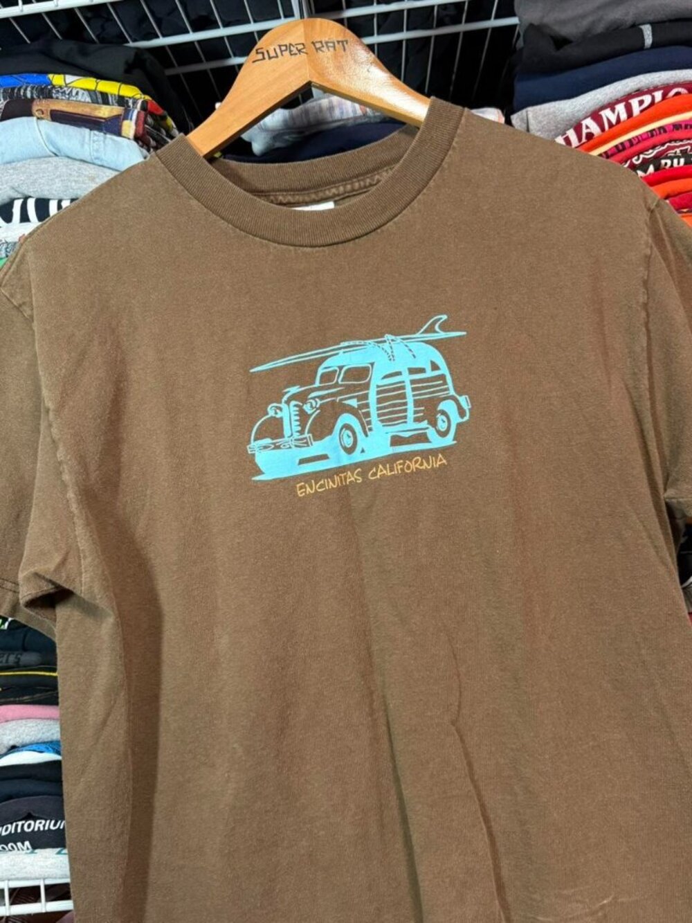 Y2K Encinitas California surf woody wagon car graphic t shirt brown